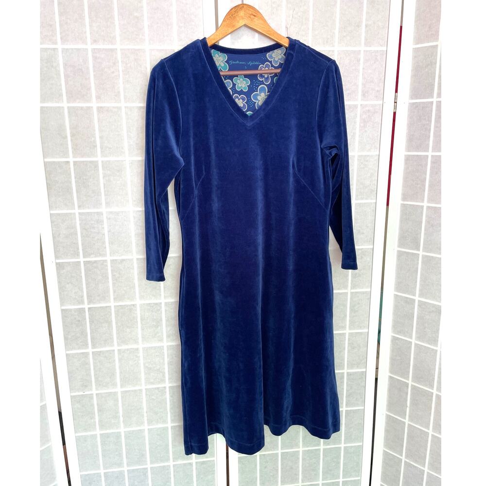 Gudrun Sjödén Blue Velour Dress S Long Sleeve Soft Knit Stretch Pocket Lagenlook